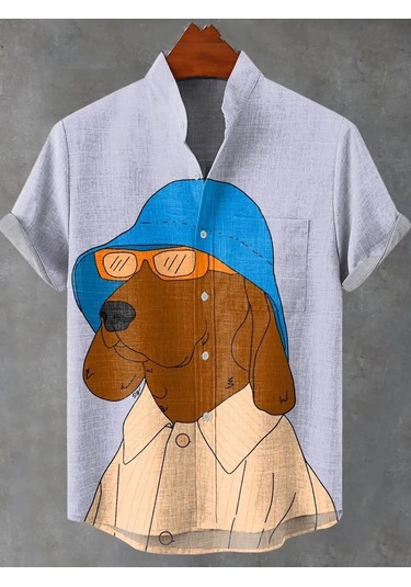 Snapbuy2025 Erkek Yazlık Karikatür Köpek Baskılı Keten Gömlek - Retro Düğmeli Rahat Üstgri Gri