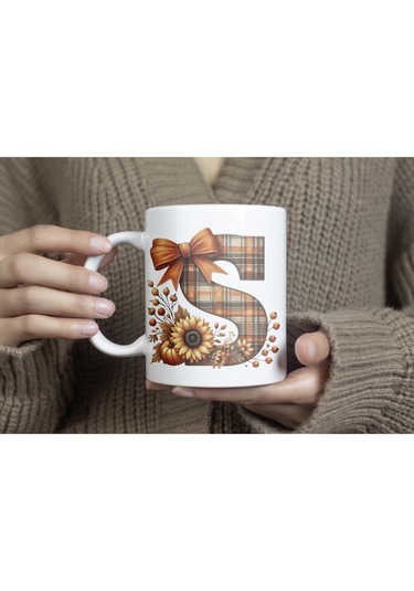 S Harfi Ekose Ve Sonbahar Temalı Kupa Bardak - Kişiye Özel Sıcak Tonlar Alfabe Kupa - Hediye Beyaz