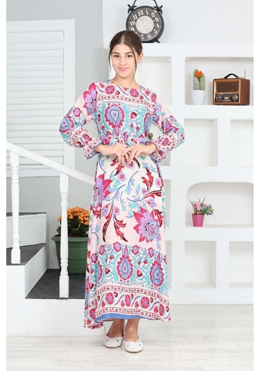 Kız Çocuk Viskon Kumaş Desenli Uzun Elbise Mavi