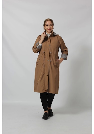 Uzun Astar Detaylı Bondit Trençkot Kahve Rengi Kahverengi