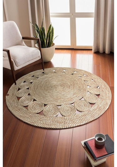 1 Adet Yuvarlak Parçalı Jüt Görünümlü Kilim 100 Cm Kahverengi