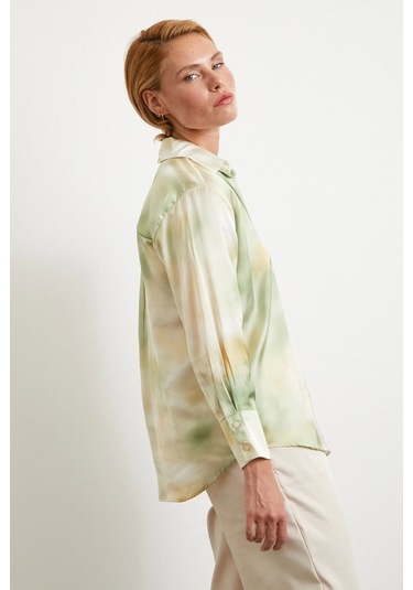 Ebruli Desen Saten Gömlek Yeşil Yeşil