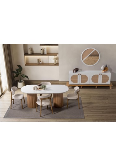 Narven Bohem Natural Ahşap Masa Sandalye Takımı 90x180 Meşe - Beyaz