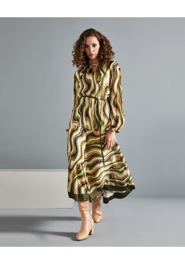 Renkli Desenli Kadın Elbise - Beli Şerit Detaylı - Uzun Kollu - Modern Ve Şık Tasarım - Günlük Ve Özel Gün İçin Elbise Yeşil