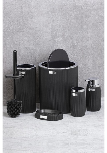 Okyanus Home Siyah Kromlu Çizgili Yuvarlak 5'Li Banyo Seti Siyah