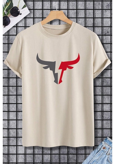 Erkek Boğa Silüet Baskılı Oversize Tshirt Bej