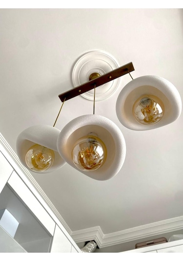 Caka Tepsili 3 Lü Sarkıt Avize Rustik E27 Modern Avize Beton Görünüm Bohem Rustik Ampul Hediyeli Eskitme - Gold