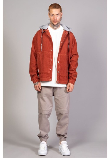 Erkek Kiremit Çıkarılabilir Kapüşonlu Oversize Pamuklu Kadife... Kiremit