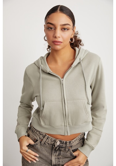 Delıa Kadın Crop 3 Iplik Şardonlu Örme Relaxed Fit Fermuarlı Kapüşonlu Çağla Yeşili Sweatshirt