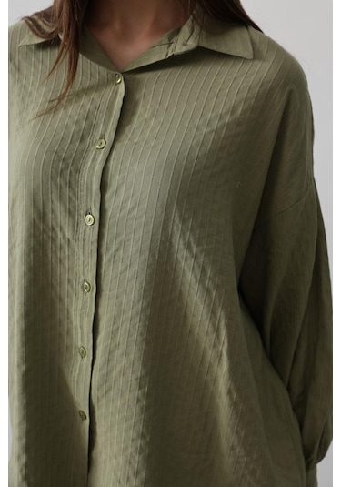 Çizgili Uzun Kol Gömlek - Haki Karışık Çok Renkli