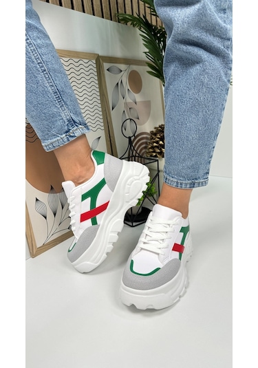 Günlük Kadın Sneaker Kalın Yüksek Taban Bağcıklı Rahat Tiger Şeritli Spor Ayakkabı 032 08-taş Yeşil Kırmızı
