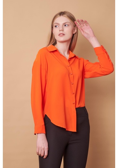 Kadın Yakalı Düşük Omuzlu Uzun Kol Likrasız Kumaş Gömlek-oranj Oranj