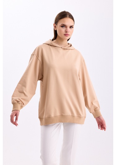 Pastelastore Pamuklu Kapüşonlu 2 İplik Baharlık Oversize Sweatshirt Bej
