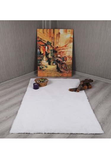 My Evilla Dekoratif Tavşan Tüyü Ultra Yumuşak Peluş Kaymaz Halı Yolluk 001