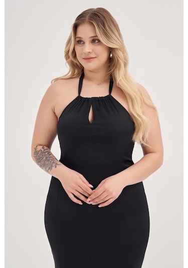 Boyundan Bağlamalı Vücuda Oturan Elbise-1779-siyah Siyah