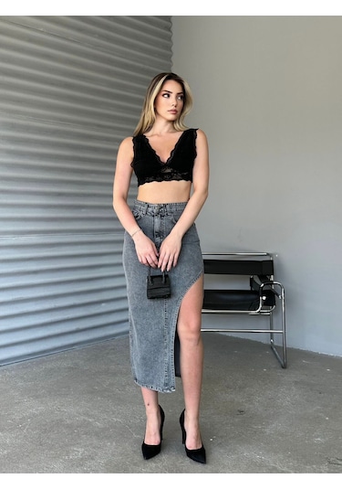 Shevega Kadın Füme Uzun Ön Parçali Asimetrik Kot Etek Füme