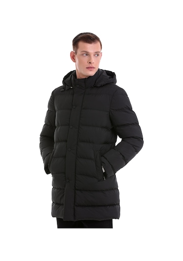 Hatemoğlu Siyah Slim Fit Hakim Yaka Kapüşonlu Basic Kaban 22232023A008 002 Siyah