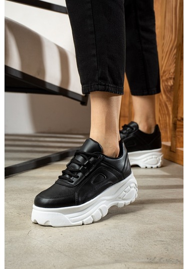 Günlük Kadın Spor Ayakkabı Yüksek Kalın Taban 6 Cm Suni Deri Sneaker 001 Siyah - Beyaz