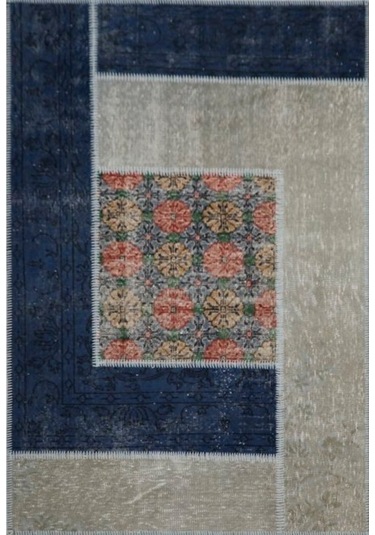 Patchwork El Dokuma Antik Anadolu Halısı Blue Window Mavi