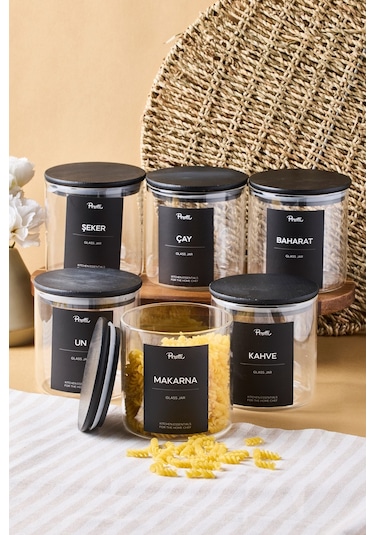 Laura 6'lı Siyah Ahşap Kapak Cam Kavanoz 750 Ml 10x10 Cm 16 Adet Etiket Hediyeli Seffaf Şeffaf