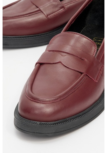 Pline Bordo Cilt Hakiki Deri Kadın Loafer Ayakkabı Bordo