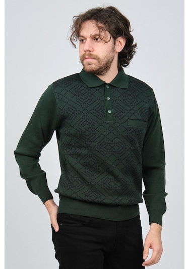 Ateş Triko Erkek Cep Detaylı Polo Yaka Desenli Yün Kazak 6092097 Yeşil