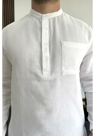 Erkek Hakim Yaka Yarım Patlı Cepli Gömlek Beyaz Edw361 Beyaz