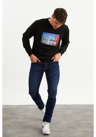 Mysport 5011 Erkek Bisiklet Yaka Baskılı Sweatshirt-siyah Siyah