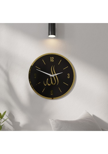 Dekoratif Lüx Allah Yazılı Aynalı Pleksili Ahşap Duvar Saati Siyah - Gold