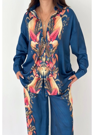 Saten Kumaş Desenli Takım Lacivert Lacivert