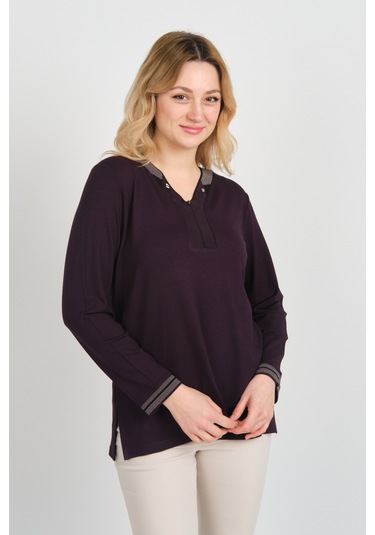 Detay Triko Kadın V Yaka Ve Yakası Taş Detaylı Uzun Kollu Anne Bluz 5711 Mürdüm Mürdüm