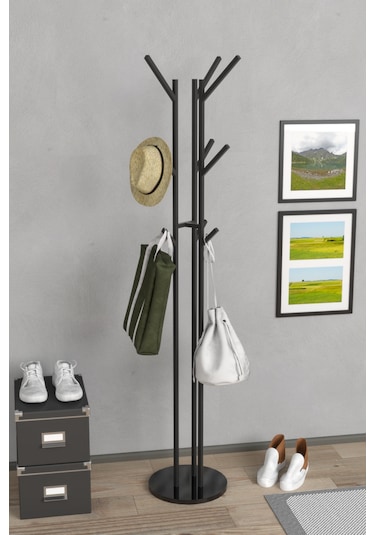 Retodesign 9 Kancali Metal Elbise Askisi, Portmanto Askisi, Antre Ayakli Aski 5101 Siyah