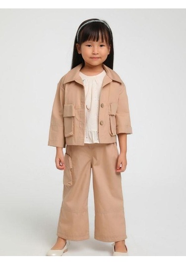 Kız Çocuk Erkek Yaka Cepli İki Düğmeli Ceket-15124 Kahverengi