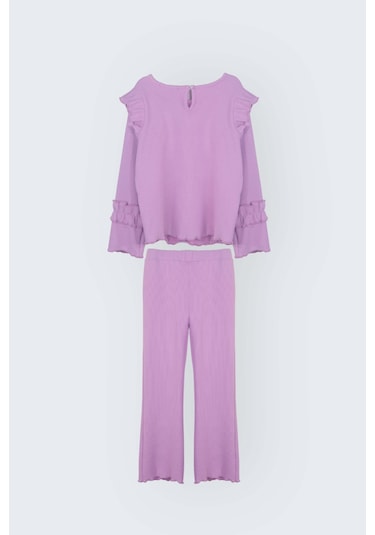 Luess Omuzu Ve Kolu Fırfırlı Likralı Kız Çocuk Takım - Lila