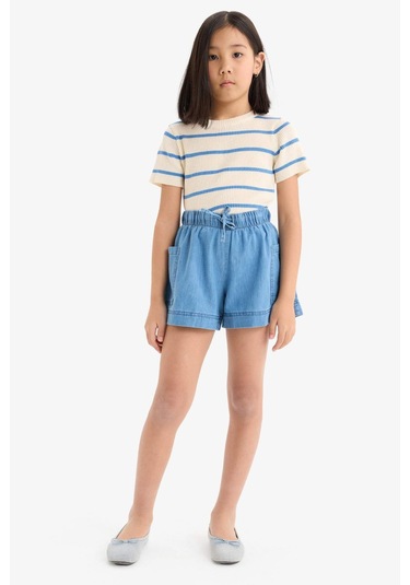 Defacto Kız Çocuk Cropped Fit Bisiklet Yaka Çizgili Kısa Kollu Kazak E4293a825smwt34 Beyaz