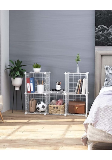 6 Bölmeli Beyaz Portatif Çok Amaçlı Metal Tel Dolap Raf Kitaplık