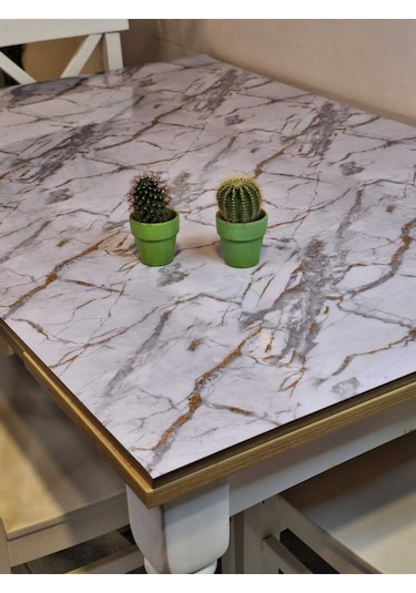 Kalın Pvc Masa Koruyucu 1.2 Mm Mika Örtü, 80 Cm En, Mermer Desen Altın