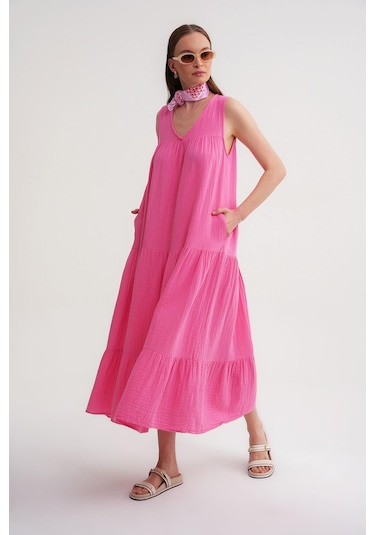 Mixray 4673 Kadın Büzgü Detaylı Müslin Elbise Pembe