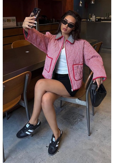 Kırmızı Pötikareli Cepli Kadın Mont Mg2488 Kırmızı