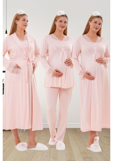 Mecit 6332 Pudra Sabahlık Gecelik Pijama Hamile Lohusa Set