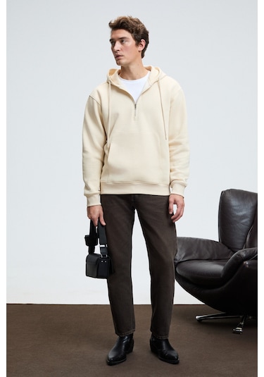 Grimelange JUSTUS Erkek Kapüşonlu Kanguru Cepli Fermuar Yakalı Krem Sweatshirt