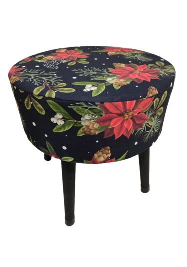 Puf Koltuk Tabure - Kırmızı Çiçek Siyah