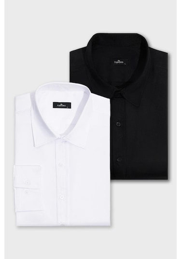 2'li Paket Siyah-beyaz Slim Fit Kolay Ütü Teri Emen Nefes Alan Doku Dört Mevsim Erkek Gömlek-33002 Siyah - Beyaz