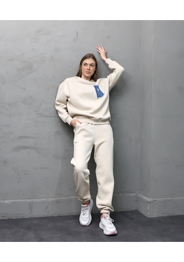 Calimera Kadın Sweatshirt 3 İplik Eşofman Takımı Oversize Beyaz