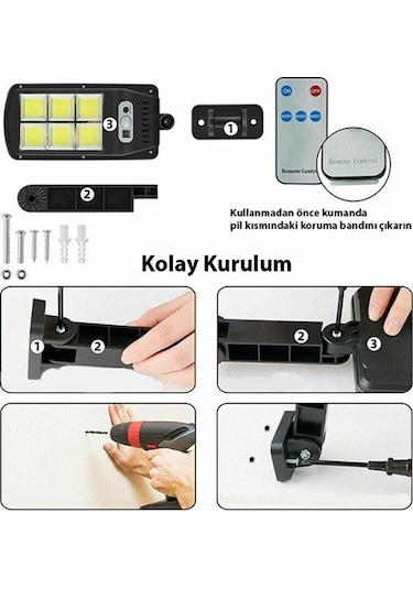 1 Adet Hareket Sensörlü Kumandalı 3 Modlu Güneş Enerjili 128 Led Solar Bahçe Sokak Lambası Büyük Boy Siyah