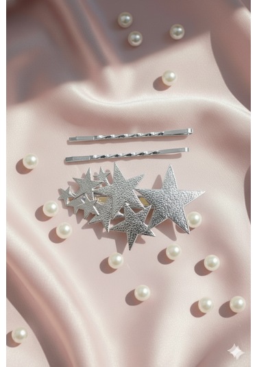 Yıldız Desneli Metal Toka Ve 2 Adet Tel Toka, Toplam Üç Adet Metal Toka Gümüş