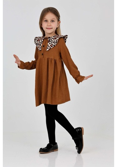 Kız Çocuk Yaka Desenli Bürümcük Elbise 12190 Kahverengi