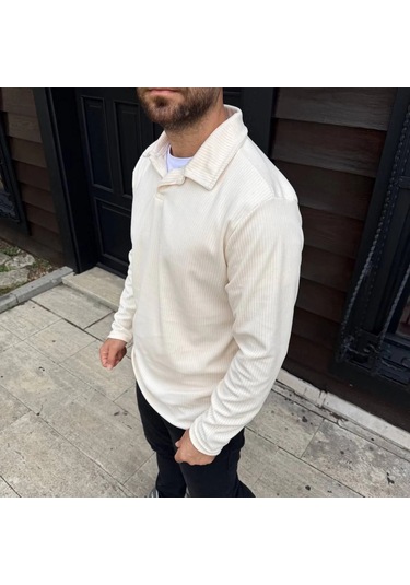 Erkek Fitilli Polar Sweatshirt Düğmesiz Polo Yaka, Oversize Rahat Kalıp, Kalın Polar Kumaş, Kışlık Beyaz