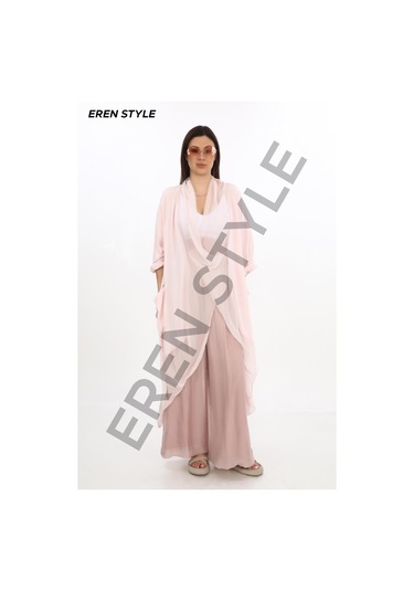 Italyan Ipek Detaylı Oversize Kaftan & Bluz-8711 Pudra