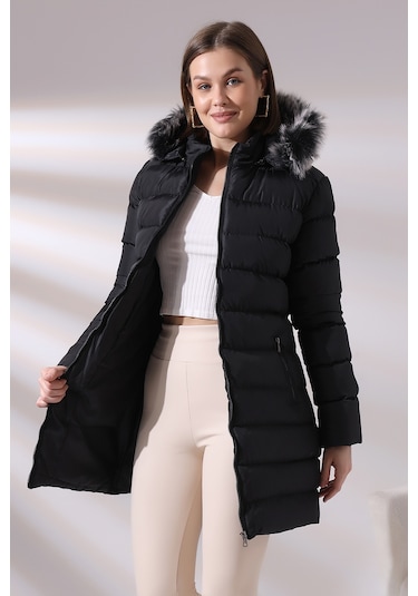 Tals Moda Siyah Renk Kapişonlu Peluşlu Kadın Montu Siyah